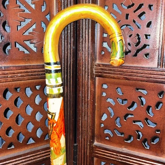 Vintage Hand carved painted Wooden Walking Cane - Picture 2 of 7